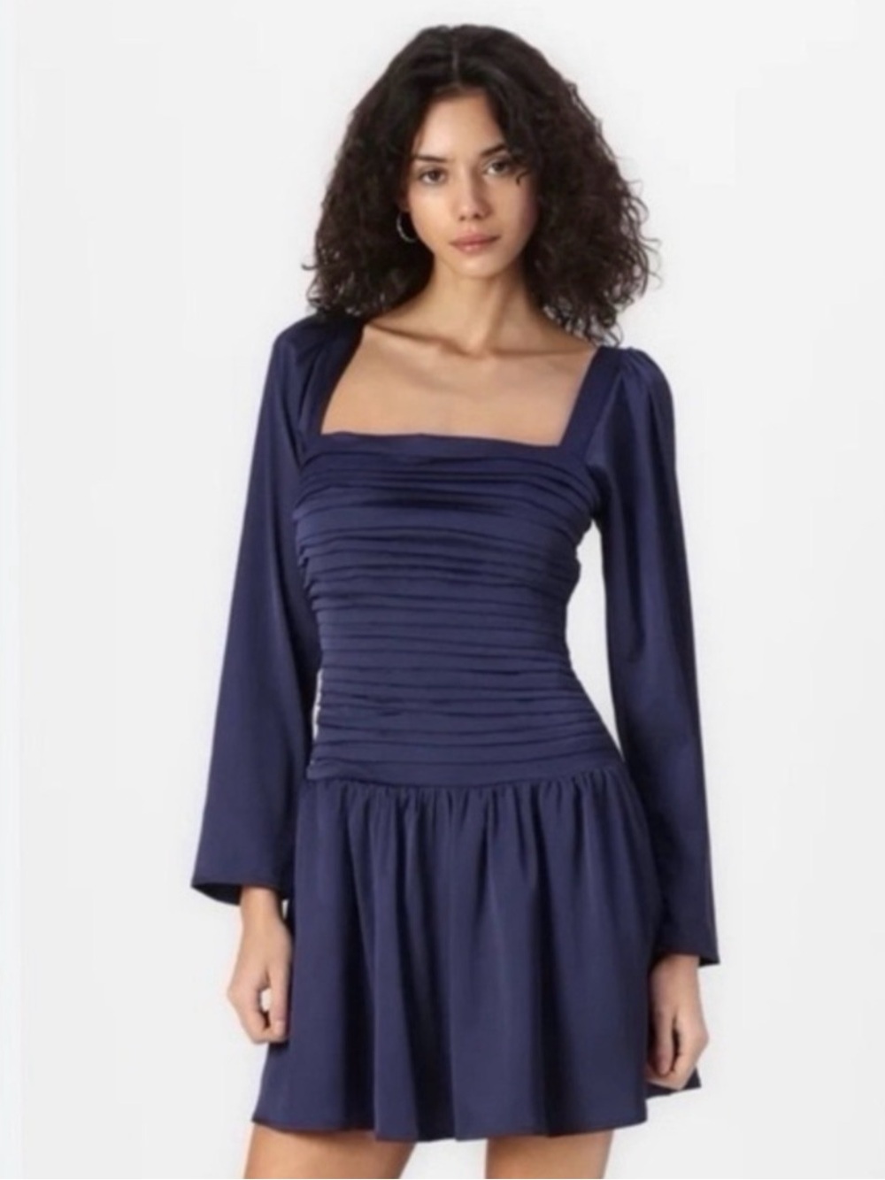 Abercrombie Emerson Drop Waist Satin Long Sleeve Mini Dress Navy S New